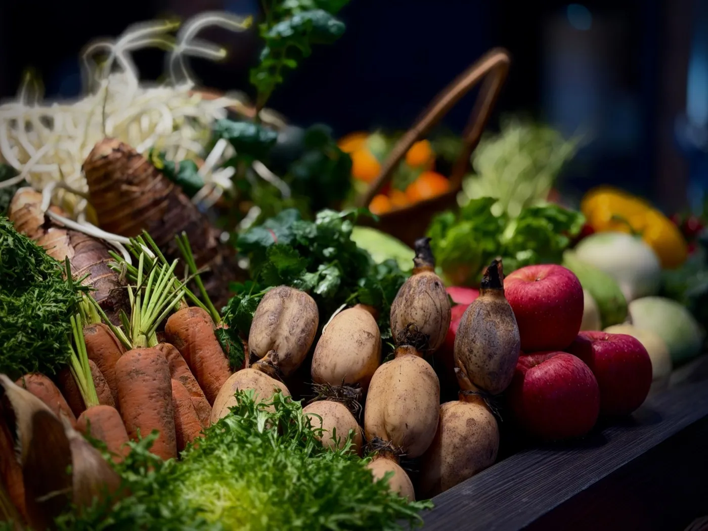 Holzkiste mit frischem Gemüse: Möhren, Rote Bete, Radieschen und Salat.